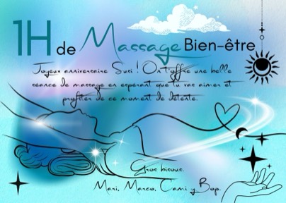 Carte cadeau turquoise pour 1 h de massage, réalisée à la main par Laure